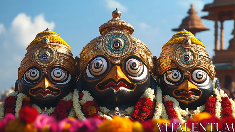 Three decorated ritual wooden masks are displayed outdoors
