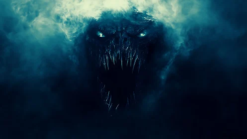 Demonic abyssal entity emerges from cyan-tinged atmospheric fog