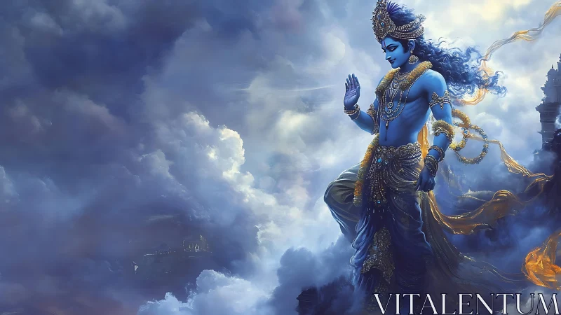 Majestic blue deity walks peacefully across luminous clouds