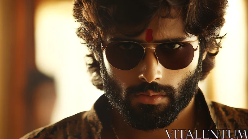 Intense bearded man in sunglasses under warm cinematic light.