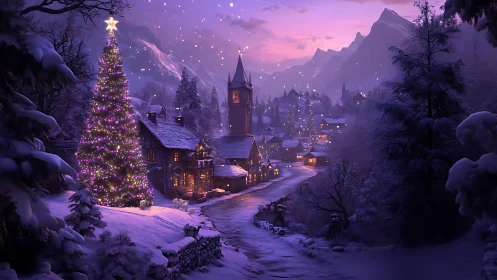 Snowy mountain village glows beneath a magical Christmas sky