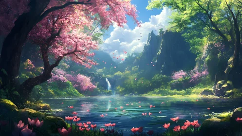 Cherry blossom valley lake under bright spring sunlight.