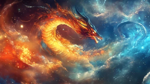 Celestial fire dragon coiled through nebulae in starlit void.
