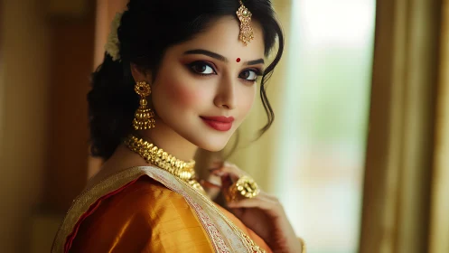 Photorealistic bridal portrait with ornate gold adornments.