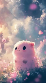 Fluffy pastel creature beneath dreamy glowing skyscape.
