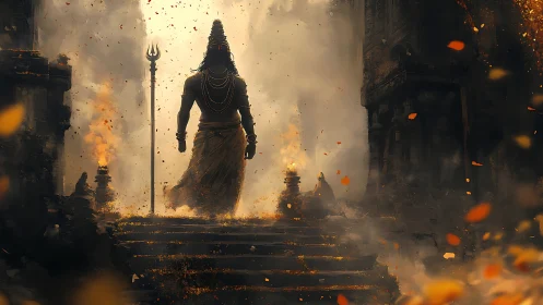 Stormlit temple guardian strides through embered twilight.