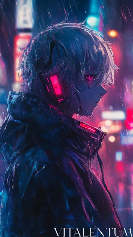 Neon-soaked cybernetic drifter in rainy alleyway profile.