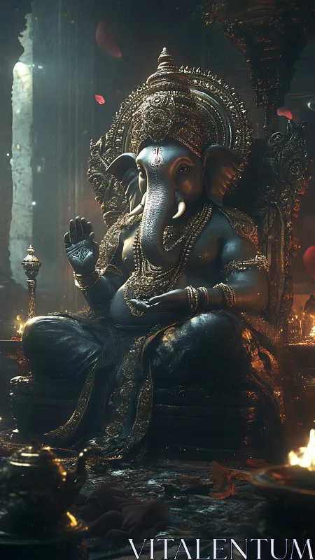 Majestic Ganesha idol aglow in candlelit temple reverie.