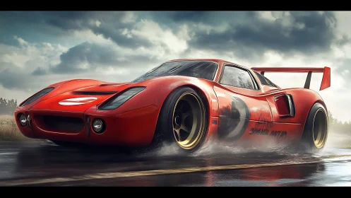 Red racing legend hugging the rainy road with confidence.