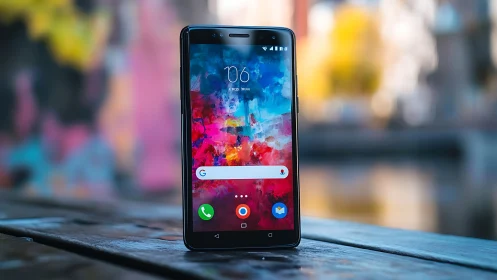 Android Smartphone Display with Colorful Wallpaper on Wooden Surface