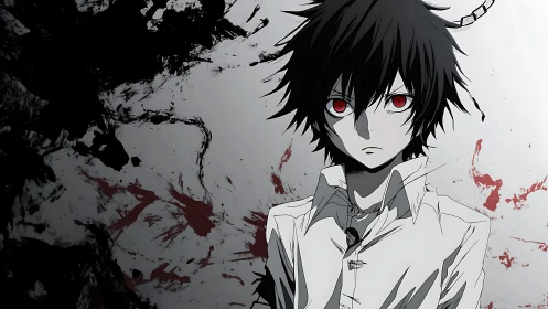 Black haired anime boy with red eyes and stained backdrop.
