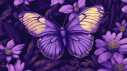 Purple butterfly with yellow highlights rests among flowers