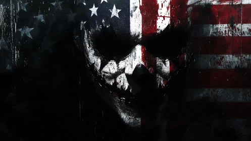 Grim skull emerges from a weathered American flag backdrop.