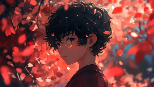 Melancholic boy amid glowing red autumn leaves at dusk.