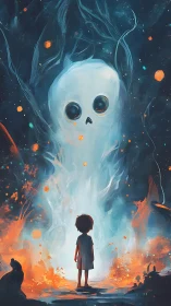 Child meets gentle ghost in a glowing forest doorway.