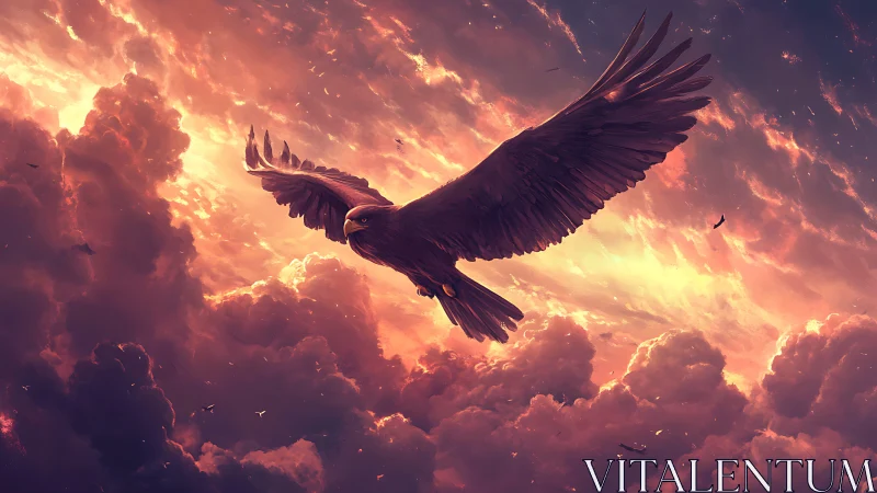 Majestic eagle soaring through luminous storm clouds at dusk.