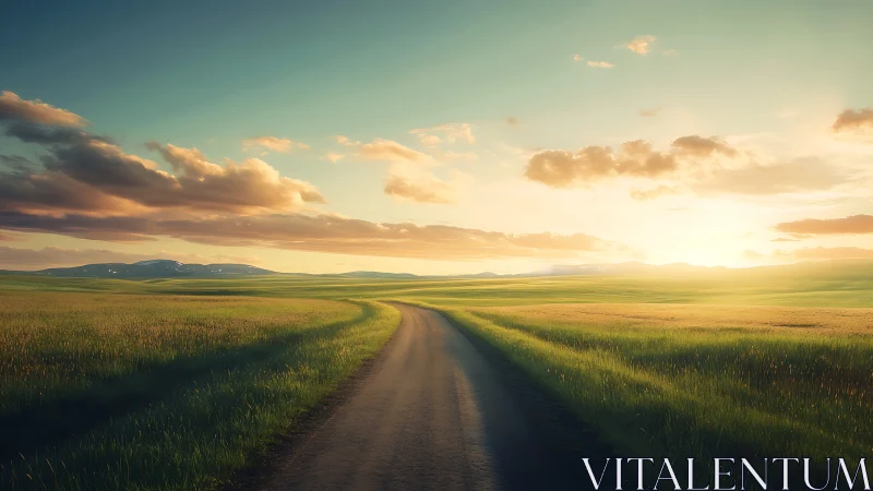 Sunlit country road gently winding through peaceful green fields