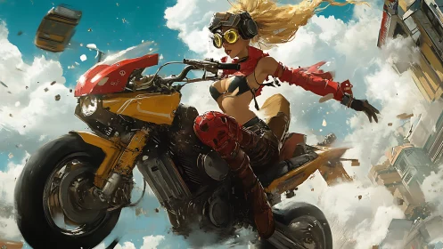 Cyberpunk biker girl launching motorcycle jump through sky.
