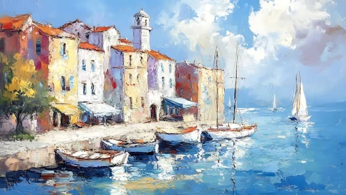 Impasto coastal village harbor rendered in saturated Mediterranean light