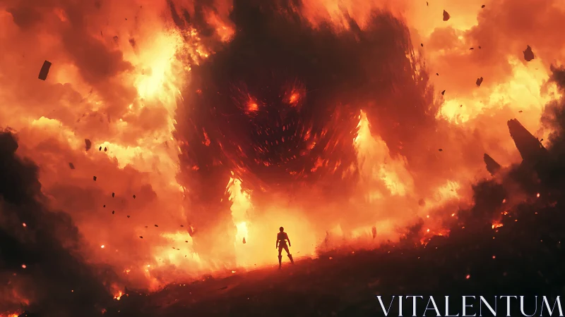 Lone human confronts colossal fire demon amid inferno.