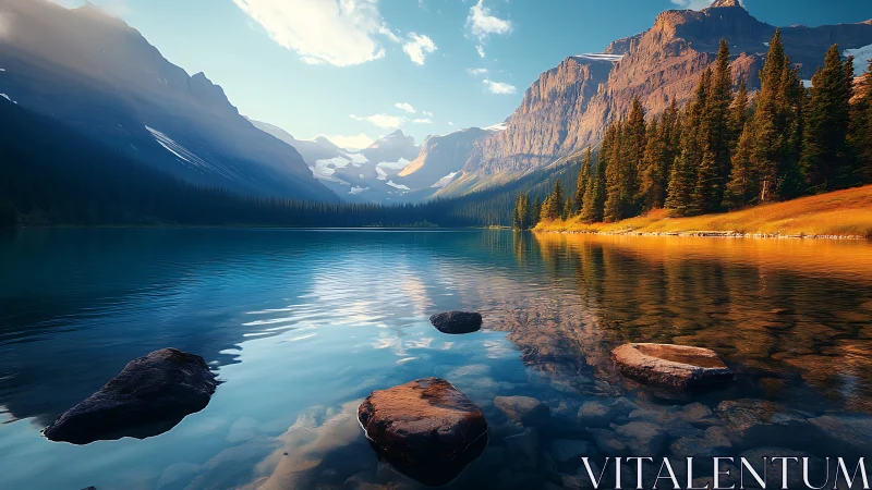 Digital painting of alpine lake, conifer belt, and sunset cliffs.