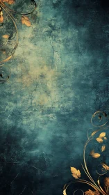 Ornate golden vine scrollwork contrasts textured teal patina