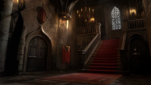 Moody castle staircase bathed in candlelit evening glow.