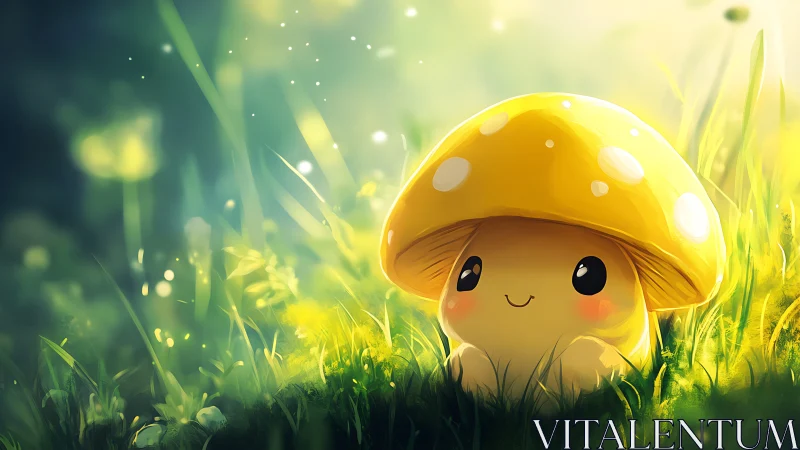 Luminous kawaii mushroom character in bokeh meadow glow field.