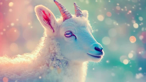 Iridescent white goat glows against dreamy bokeh light field