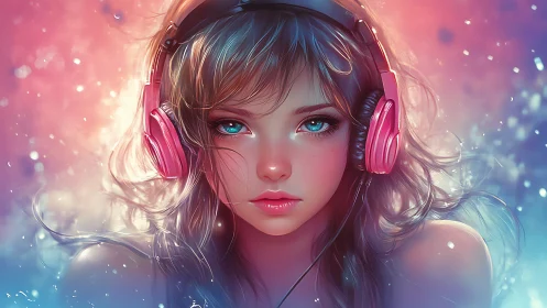 Neon daydream drifts as the girl with pink headphones listens