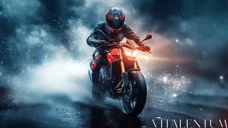 Motorcycle rider moves through wet roadway in heavy rainfall