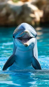 Smiling bottlenose dolphin rises from turquoise pool water