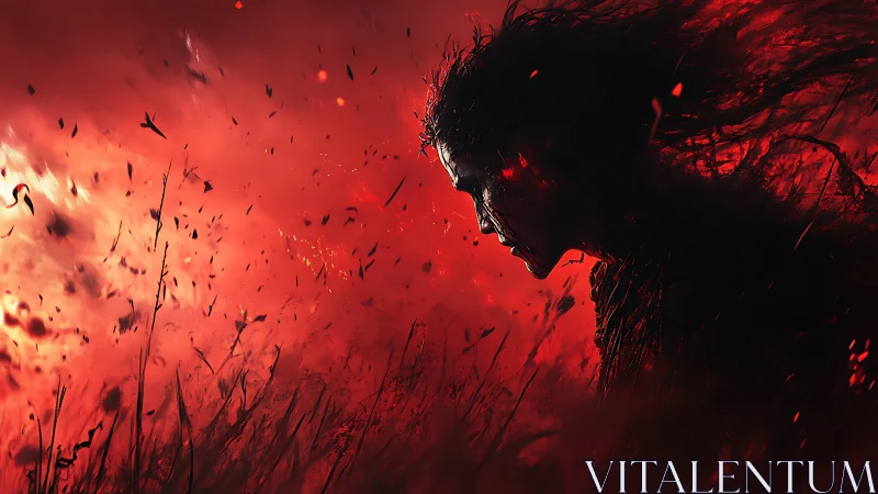 Fiery digital wraith emerging through burning crimson storm.