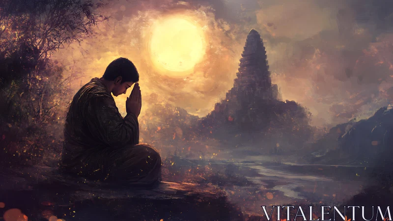 Solitary figure praying before distant temple at dusk.