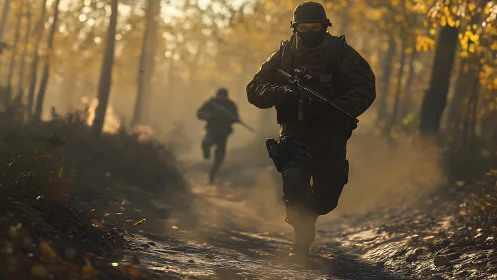 Armed soldiers advance through autumn forest trail at dusk.