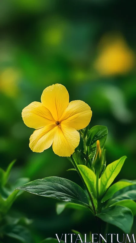 Yellow flower with four petals against blurred foliage.