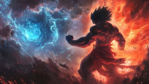 Muscular figure stands between blue vortex and orange fire