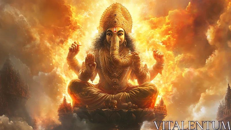 Radiant elephant-headed deity in fiery atmospheric aureole.