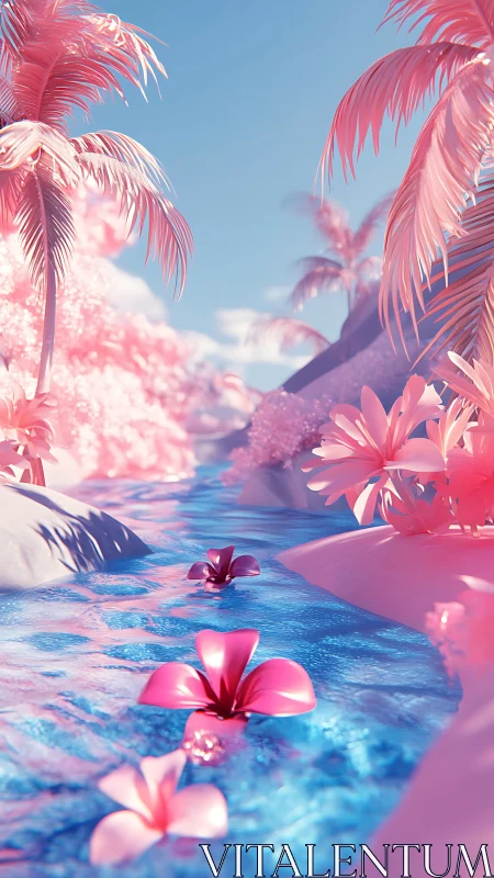 Candyfloss lagoon where bubblegum palms kiss blue water.