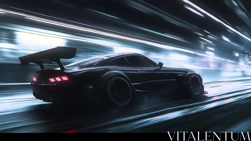 Black sports car accelerates through wet neon city street