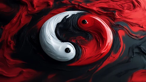 High-gloss yin yang symbol in swirling red-black fluid field