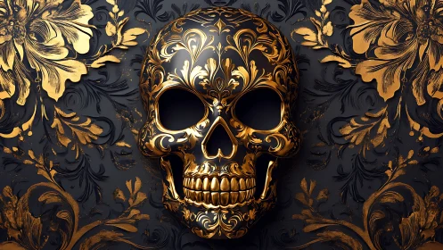 Baroque gold floral skull against dark ornamental backdrop.