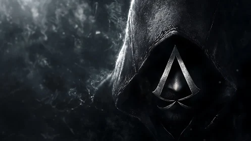 Hooded figure with metallic emblem in cinematic shadowed fog.