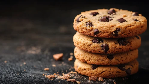 Crumb-kissed chocolate chip cookie tower in moody light.