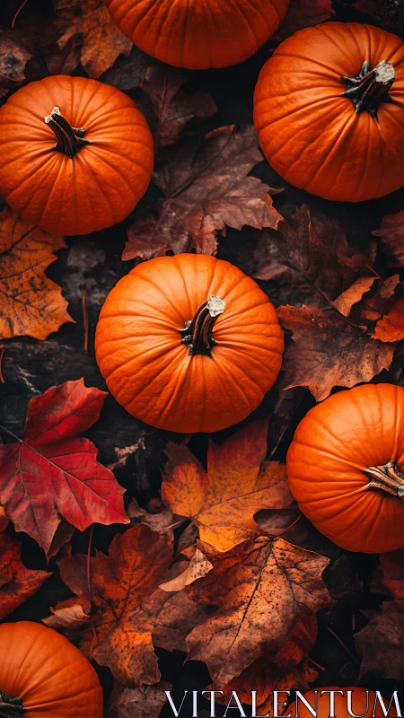 Bright orange pumpkins rest softly on rich autumn leaves