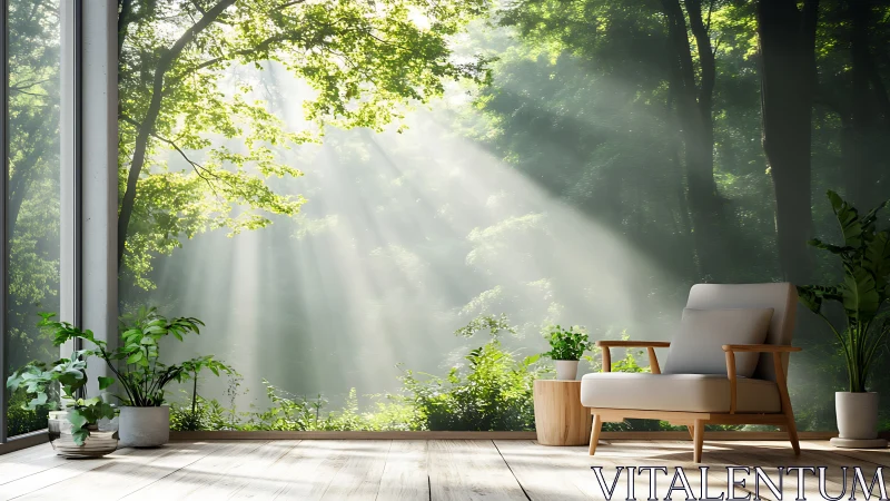 Serene forest-view lounge with sunlit minimalist armchair.