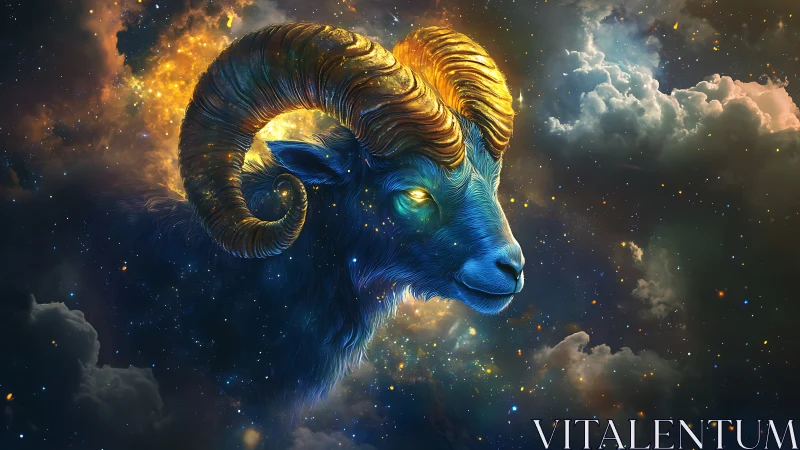 Celestial ram spirit glowing gently among starlit clouds.