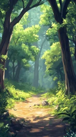 Sunlit Forest Path Through Ancient Trees and Glowing Foliage.
