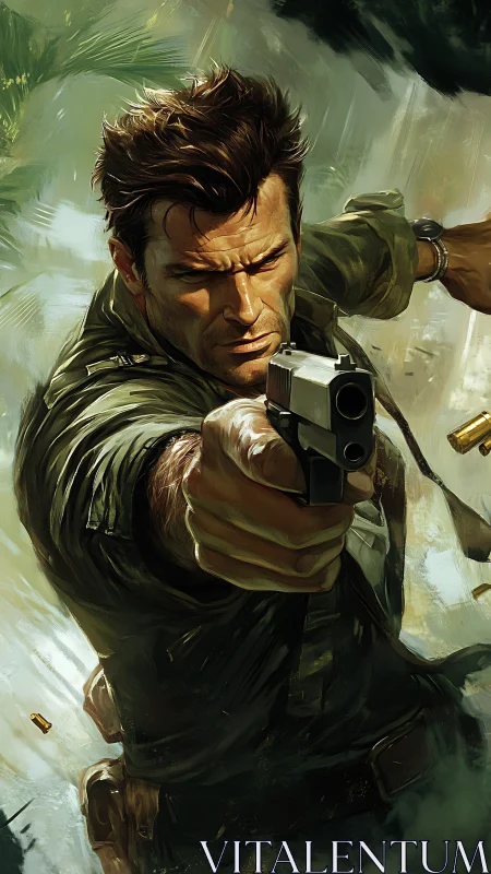 Armed male figure aiming handgun in dynamic action pose.