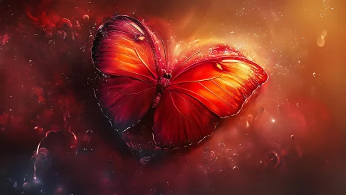 Crimson butterfly heart glows through molten bokeh haze.